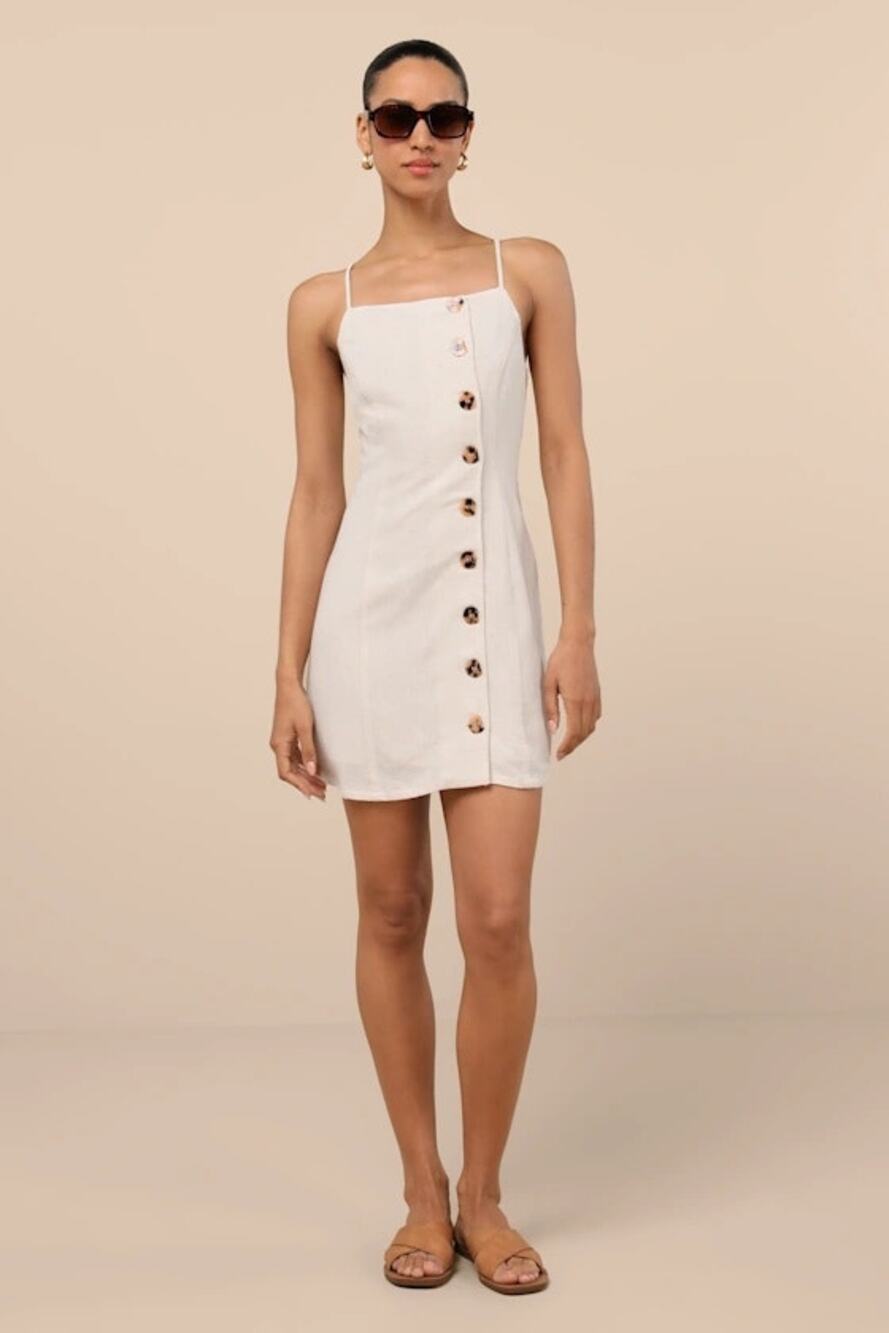 NWT Lulus Chic Objective Light Beige Button-Front Mini Dress L